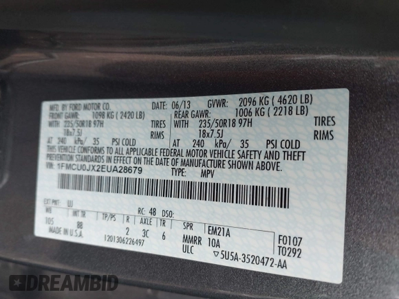 2014 Ford Escape Titanium with VIN 1FMCU0JX2EUA28679, listed as a IAAI auction lot 41930585 with 164,038 mi miles. Bid and sale history available at carsss.com. Image 9.