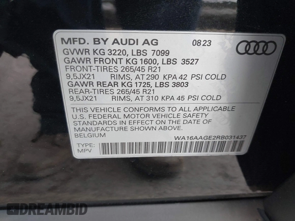 2024 Audi Q8 e-tron z VIN WA16AAGE2RB031437, wystawiony jako IAAI lot #41761720 z przebiegiem 19 579 mil mil oraz . Historia ofert i sprzedaży dostępna na DreamBid. Obrazek 9.