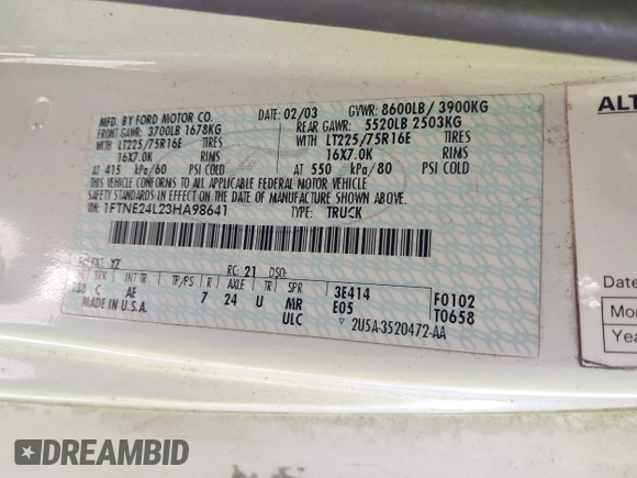 2003 Ford Econoline Cargo с VIN 1FTNE24L23HA98641, выставлен на аукционе IAAI как лот 41285948 с пробегом 257 510 миль миль и . История ставок и продаж доступна на DreamBid. Изображение 9.
