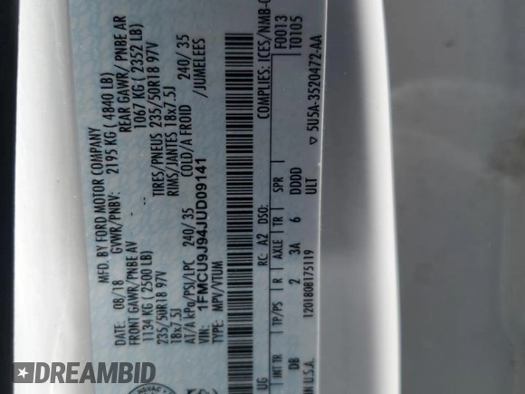 2018 Ford Escape Titanium z VIN 1FMCU9J94JUD09141, wystawiony jako Copart lot #56625805 z przebiegiem Nie podano mil oraz Szkoda całkowita • Salvage title. Historia ofert i sprzedaży dostępna na DreamBid. Obrazek 14.