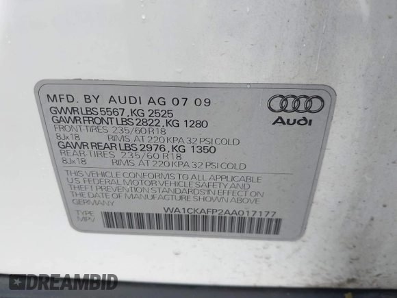 2010 Audi Q5 Premium z VIN WA1CKAFP2AA017177, wystawiony jako IAAI lot #42151922 z przebiegiem 138 054 mil mil oraz . Historia ofert i sprzedaży dostępna na DreamBid. Obrazek 9.