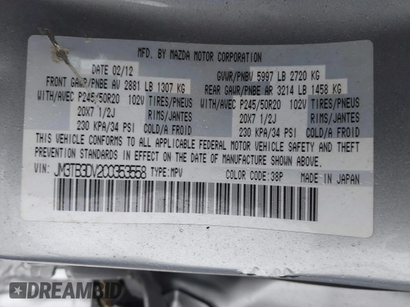 2012 Mazda CX-9 Grand Touring with VIN JM3TB3DV2C0353558, listed as a IAAI auction lot 41397266 with 158,843 mi miles and . Bid and sale history available at DreamBid. Image 9.