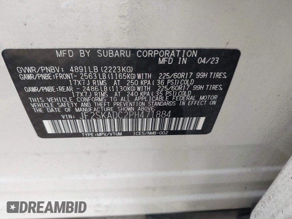 2023 Subaru Forester Premium z VIN JF2SKADC2PH471884, wystawiony jako IAAI lot #42073492 z przebiegiem Nie podano mil oraz . Historia ofert i sprzedaży dostępna na DreamBid. Obrazek 9.