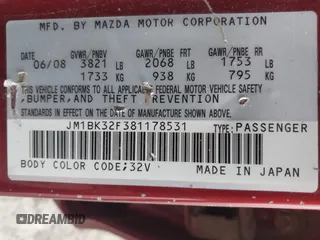 2008 Mazda Mazda3 i Touring Value with VIN JM1BK32F381178531, listed as a IAAI auction lot 41495560 with 169,975 mi miles. Bid and sale history available at carsss.com. Image 9.