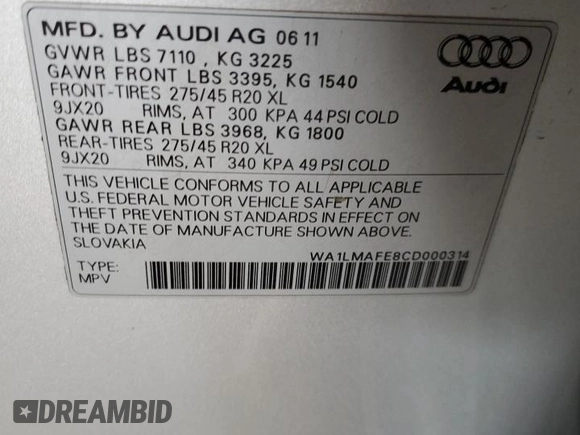 2012 Audi Q7 3.0L TDI Premium Plus with VIN WA1LMAFE8CD000314, listed as a Copart auction lot 49075355 with 146,572 mi miles and Salvage Title. Bid and sale history available at carsss.com. Image 13.