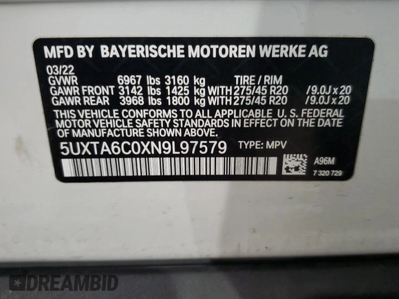 2022 BMW X5 xDrive45e with VIN 5UXTA6C0XN9L97579, listed as a Copart auction lot 52603265 with Not Provided miles and Salvage Title. Bid and sale history available at DreamBid. Image 12.