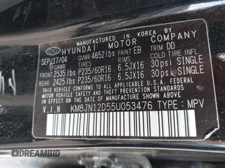 2005 Hyundai Tucson GLS with VIN KM8JN12D55U053476, listed as a IAAI auction lot 42118213 with 202,475 mi miles. Bid and sale history available at carsss.com. Image 9.
