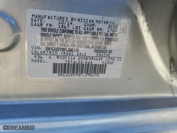 2015 Nissan Versa Note SV with VIN 3N1CE2CP8FL390170, listed as a Copart auction lot 80372974 with 109,768 mi miles and Salvage Title. Bid and sale history available at carsss.com. Image 15.