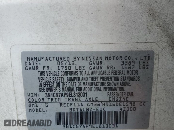 2014 Nissan Versa S Plus with VIN 3N1CN7AP9EL813031, listed as a Copart auction lot 51343925 with Not Provided miles and Salvage Title. Bid and sale history available at carsss.com. Image 12.