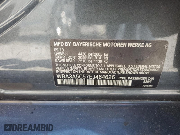 2014 BMW 3 Series 328i with VIN WBA3A5C57EJ464626, listed as a Copart auction lot 49411705 with 131,170 mi miles and Non Repairable. Bid and sale history available at DreamBid. Image 12.