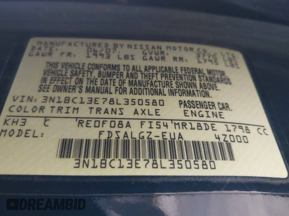 2008 Nissan Versa 1.8 S with VIN 3N1BC13E78L350580, listed as a IAAI auction lot 41512578 with 118,067 mi miles. Bid and sale history available at carsss.com. Image 9.