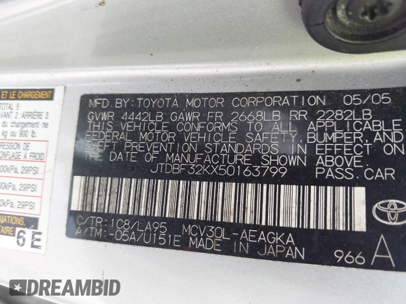 2005 Toyota Camry LE with VIN JTDBF32KX50163799, listed as a IAAI auction lot 41937898 with 140,616 mi miles and . Bid and sale history available at DreamBid. Image 9.