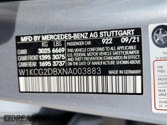 2022 Mercedes-Benz EQS with VIN W1KCG2DBXNA003883, listed as a Copart auction lot 63673384 with 0 mi miles and Salvage Title. Bid and sale history available at carsss.com. Image 13.