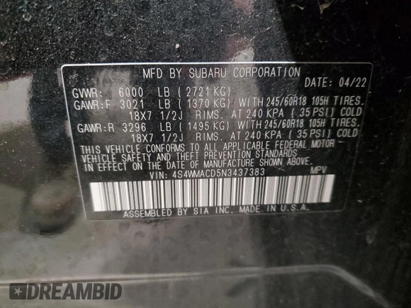2022 Subaru Ascent Premium with VIN 4S4WMACD5N3437383, listed as a Copart auction lot 52733645 with 62,453 mi miles and Salvage title. Bid and sale history available at DreamBid. Image 14.