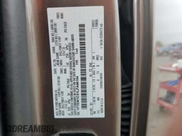 2020 Ford F-150 XL with VIN 1FTEW1C51LFA98104, listed as a Copart auction lot 68889294 with 82,183 mi miles and Salvage Title. Bid and sale history available at carsss.com. Image 15.