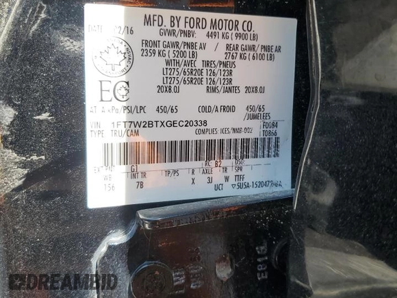 2016 Ford F-250 Lariat with VIN 1FT7W2BTXGEC20338, listed as a Copart auction lot 61798515 with 206,338 mi miles and Salvage title. Bid and sale history available at DreamBid. Image 12.