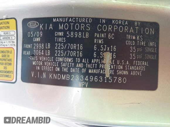 2009 Kia Sedona LX with VIN KNDMB233496315780, listed as a IAAI auction lot 41849241 with 174,224 mi miles. Bid and sale history available at carsss.com. Image 9.