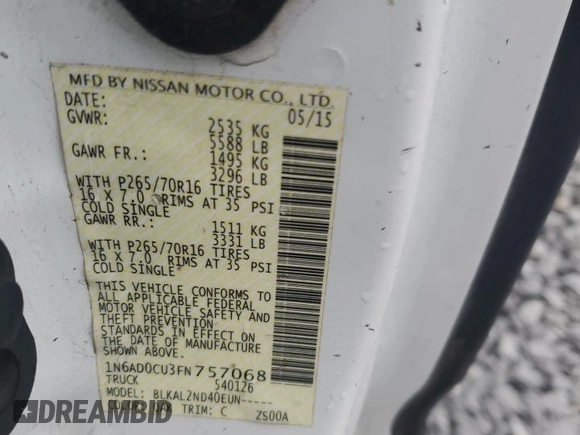 2015 Nissan Frontier SV with VIN 1N6AD0CU3FN757068, listed as a Copart auction lot 45978895 with Not provided miles and Salvage title. Bid and sale history available at DreamBid. Image 12.