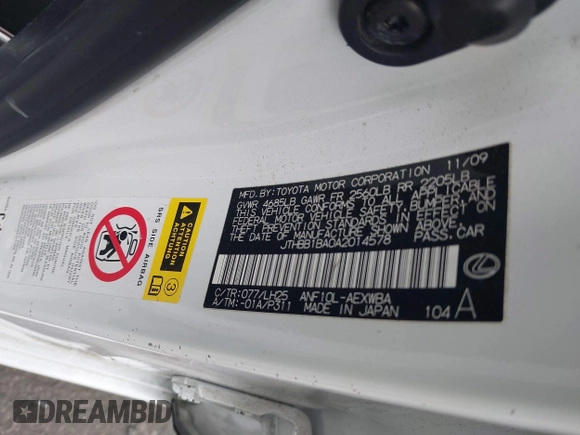 2010 Lexus HS 250h with VIN JTHBB1BA0A2014578, listed as a IAAI auction lot 41674564 with 158,729 mi miles and . Bid and sale history available at DreamBid. Image 9.