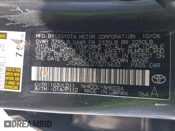 2007 Toyota Prius z VIN JTDKB20U273215633, wystawiony jako IAAI lot #41955538 z przebiegiem 172 957 mil mil oraz . Historia ofert i sprzedaży dostępna na DreamBid. Obrazek 9.