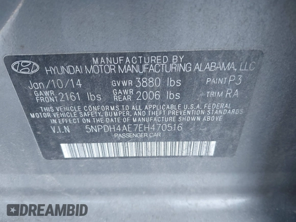 2014 Hyundai Elantra SE with VIN 5NPDH4AE7EH470516, listed as a IAAI auction lot 41750641 with 193,127 mi miles and . Bid and sale history available at DreamBid. Image 9.