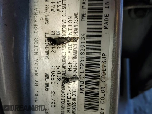 2013 Mazda 3 i Touring with VIN JM1BL1LP2D1829134, listed as a Copart auction lot 53386455 with Not Provided miles and Salvage Title. Bid and sale history available at DreamBid. Image 13.