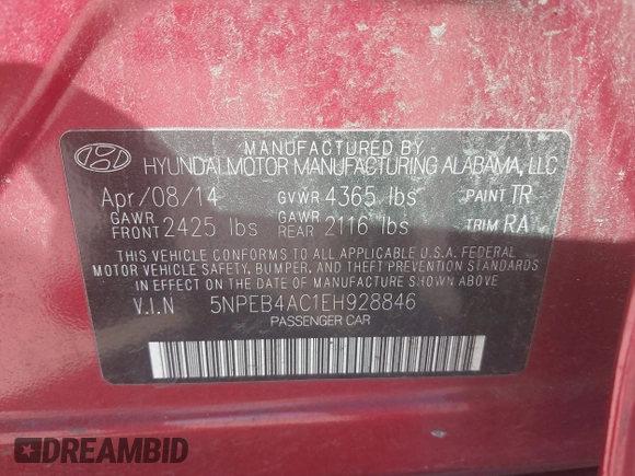 2014 Hyundai Sonata GLS with VIN 5NPEB4AC1EH928846, listed as a IAAI auction lot 41843568 with 72,863 mi miles and . Bid and sale history available at carsss.com. Image 9.