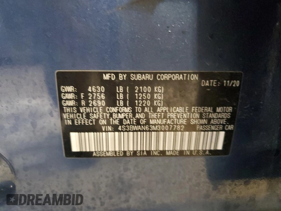 2021 Subaru Legacy Limited with VIN 4S3BWAN63M3007782, listed as a Copart auction lot 58045205 with 29,543 mi miles and Salvage title. Bid and sale history available at DreamBid. Image 12.