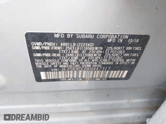 2019 Subaru Forester with VIN JF2SKACC6KH442317, listed as a IAAI auction lot 42394991 with 144,246 mi miles and . Bid and sale history available at DreamBid. Image 9.