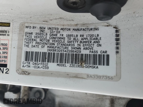 2004 Toyota Corolla CE with VIN 1NXBR32E54Z286429, listed as a Copart auction lot 44861275 with 219,316 mi miles and Clean Title. Bid and sale history available at DreamBid. Image 12.