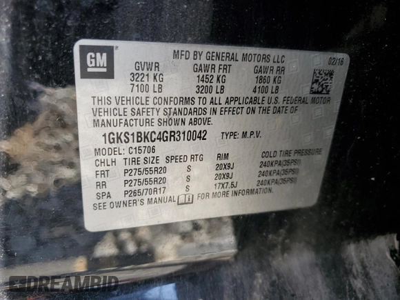 2016 GMC Yukon SLT with VIN 1GKS1BKC4GR310042, listed as a Copart auction lot 47477714 with 0 mi miles and Salvage Title. Bid and sale history available at carsss.com. Image 14.