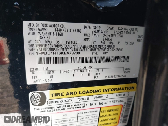 2019 Ford Expedition XLT с VIN 1FMJU1HT6KEA73730, выставлен на аукционе IAAI как лот 41836445 с пробегом 91 536 миль миль и . История ставок и продаж доступна на DreamBid. Изображение 9.