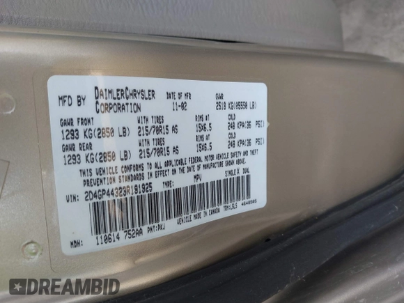 2003 Dodge Grand Caravan with VIN 2D4GP44323R191925, listed as a IAAI auction lot 41798743 with 204,264 mi miles and . Bid and sale history available at DreamBid. Image 9.