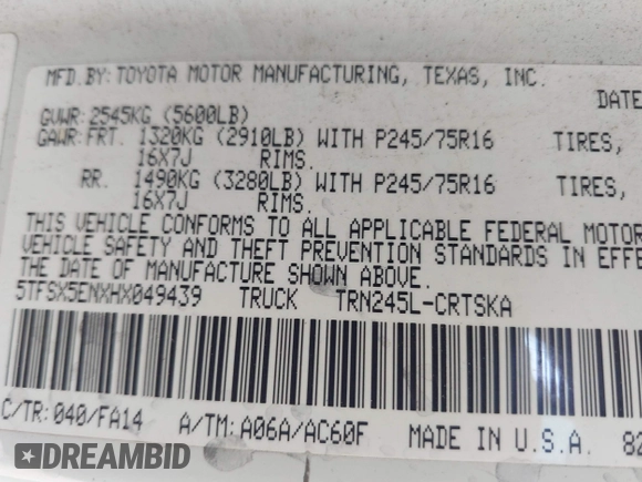 2017 Toyota Tacoma SR with VIN 5TFSX5ENXHX049439, listed as a IAAI auction lot 42056188 with 199,624 mi miles and . Bid and sale history available at DreamBid. Image 9.