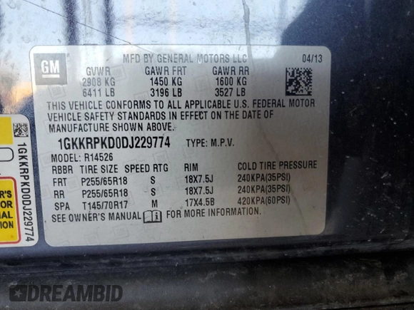 2013 GMC Acadia SLE with VIN 1GKKRPKD0DJ229774, listed as a Copart auction lot 49737325 with 186,588 mi miles and Clean Title. Bid and sale history available at DreamBid. Image 13.