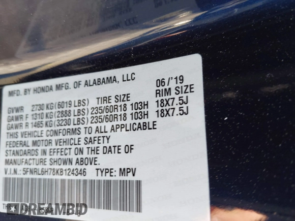2019 Honda Odyssey EX-L with VIN 5FNRL6H78KB124346, listed as a IAAI auction lot 41977283 with 83,054 mi miles. Bid and sale history available at carsss.com. Image 9.