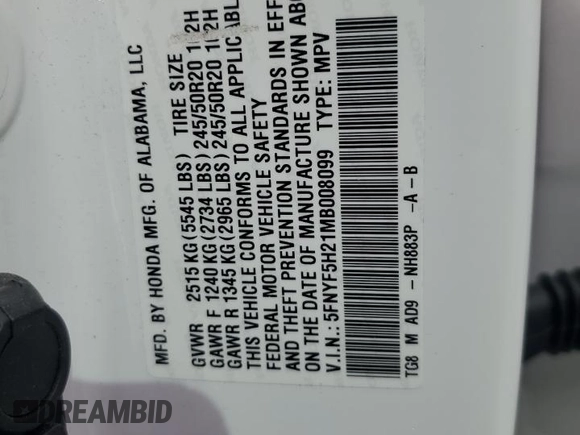 2021 Honda Pilot Special Edition with VIN 5FNYF5H21MB008099, listed as a Copart auction lot 48879145 with 57,979 mi miles and Salvage Title. Bid and sale history available at DreamBid. Image 15.