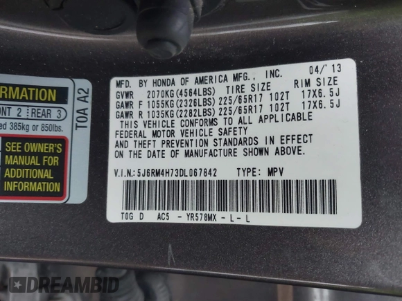 2013 Honda CR-V EX-L with VIN 5J6RM4H73DL067842, listed as a IAAI auction lot 41612064 with 184,109 mi miles. Bid and sale history available at carsss.com. Image 9.