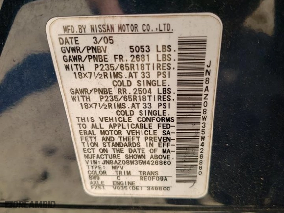 2005 Nissan Murano SL with VIN JN8AZ08W35W426860, listed as a Copart auction lot 56135664 with 0 mi miles and Salvage Title. Bid and sale history available at carsss.com. Image 15.