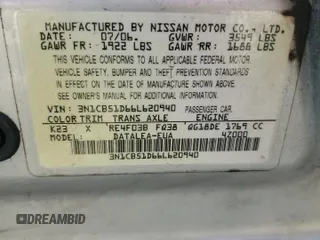 2006 Nissan Sentra S z VIN 3N1CB51D66L620940, wystawiony jako Copart lot #57411225 z przebiegiem 204 380 mil mil oraz Szkoda całkowita • Salvage title. Historia ofert i sprzedaży dostępna na DreamBid. Obrazek 13.