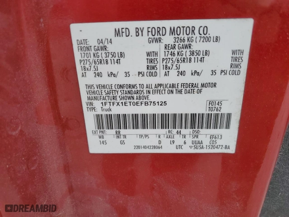2014 Ford F-150 XL with VIN 1FTFX1ET0EFB75125, listed as a Copart auction lot 51839605 with 202,601 mi miles and Clean Title. Bid and sale history available at carsss.com. Image 12.