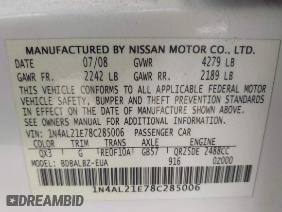 2008 Nissan Altima 2.5 S with VIN 1N4AL21E78C285006, listed as a IAAI auction lot 41788000 with 192,304 mi miles. Bid and sale history available at carsss.com. Image 9.