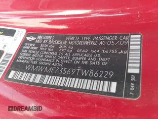 2009 MINI Hardtop S with VIN WMWMF73569TW86229, listed as a IAAI auction lot 42264383 with 63,482 mi miles and . Bid and sale history available at DreamBid. Image 9.