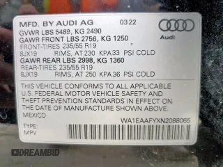 2022 Audi Q5 S line Premium Plus with VIN WA1EAAFYXN2088065, listed as a Copart auction lot 57692385 with 51,313 mi miles and Salvage title. Bid and sale history available at DreamBid. Image 13.