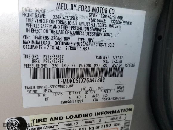 2007 Ford Freestyle SEL with VIN 1FMDK051X7GA41889, listed as a Copart auction lot 80549464 with 131,361 mi miles and Salvage Title. Bid and sale history available at carsss.com. Image 15.