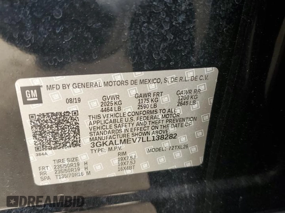 2020 GMC Terrain SLE with VIN 3GKALMEV7LL138282, listed as a Copart auction lot 58064355 with 109,318 mi miles and Salvage title. Bid and sale history available at DreamBid. Image 13.