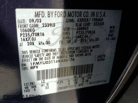 2004 Ford Escape XLT с VIN 1FMYU03114KA86176, выставлен на аукционе Copart как лот 56349235 с пробегом 232 849 миль миль и Списание • Salvage title. История ставок и продаж доступна на DreamBid. Изображение 13.