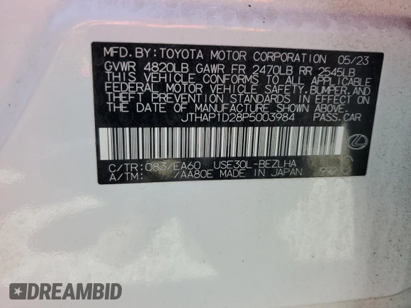 2023 Lexus IS 500 F Sport Performance with VIN JTHAP1D28P5003984, listed as a Copart auction lot 58120915 with 34,337 mi miles and Salvage title. Bid and sale history available at DreamBid. Image 12.