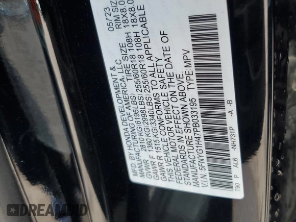 2023 Honda Pilot EX-L z VIN 5FNYG1H47PB033195, wystawiony jako Copart lot #55359975 z przebiegiem Nie podano mil oraz Szkoda całkowita • Salvage title. Historia ofert i sprzedaży dostępna na DreamBid. Obrazek 14.