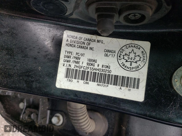 2017 Honda Civic LX z VIN 2HGFC2F55HH030250, wystawiony jako Copart lot #59228905 z przebiegiem 148 692 mil mil oraz Szkoda całkowita • Salvage title. Historia ofert i sprzedaży dostępna na DreamBid. Obrazek 13.